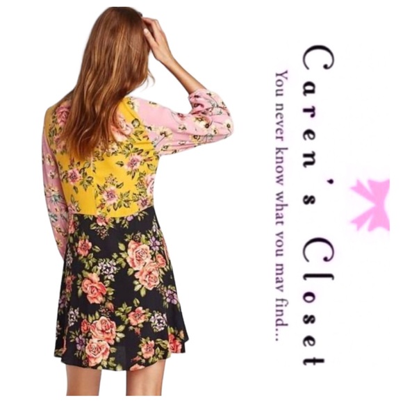 Zara Mixed Floral Long Sleeve Tie Neck Boho Chic Dress - Picture 3 of 12